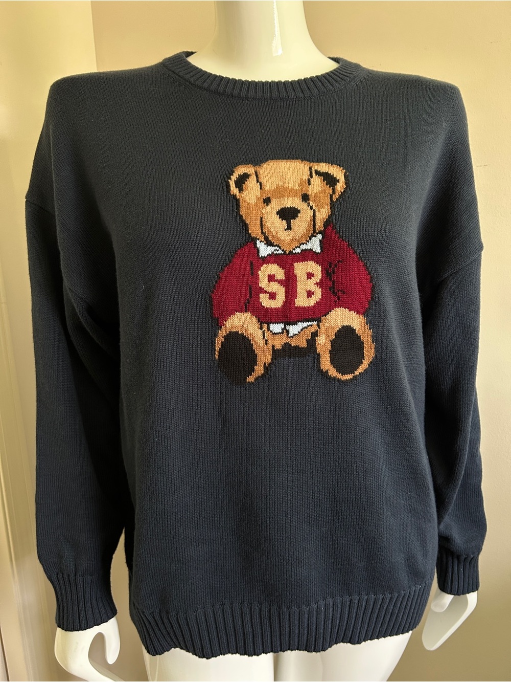 Aritzia Sunday Best Peggy Teddy Bear Intarsia Knit Navy Crewneck Sweater L